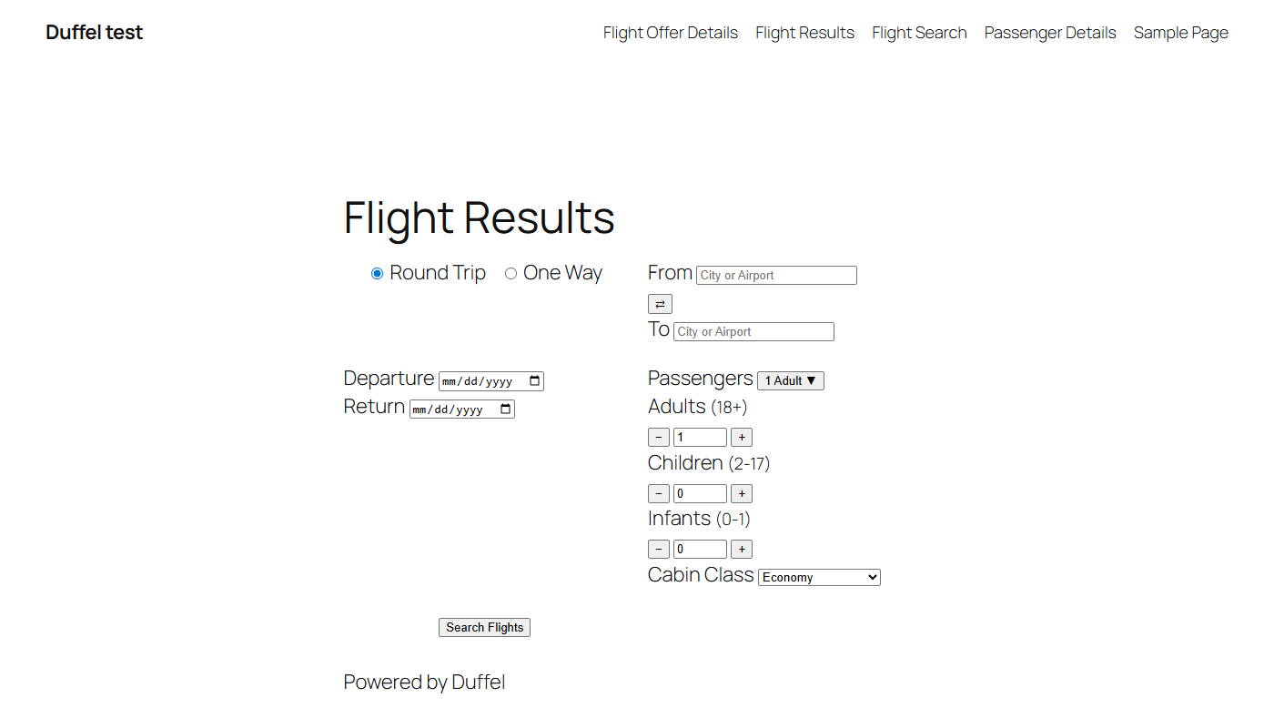 WordPress page showing Duffel flight search results